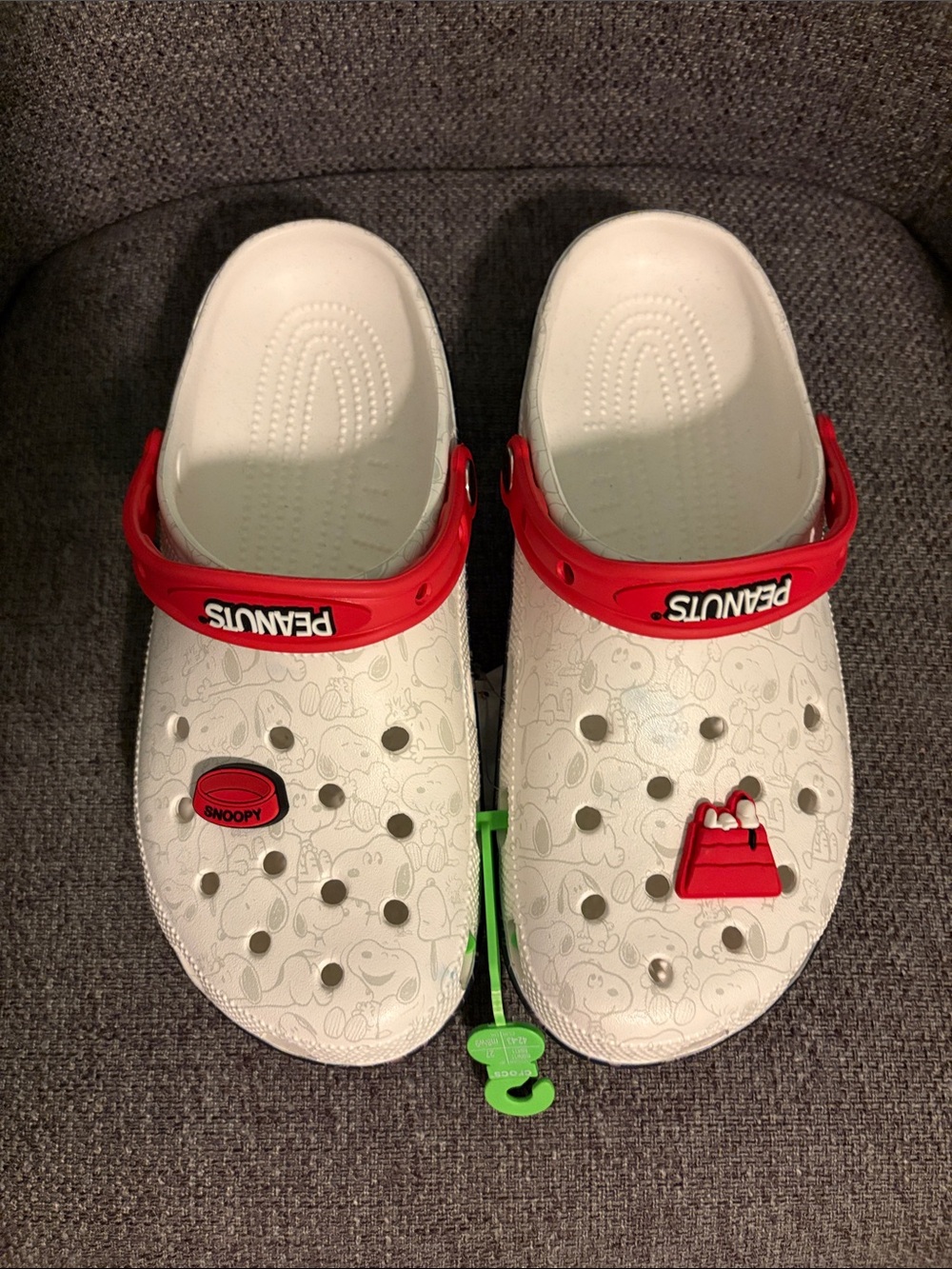 CROCS White Slip-On Peanuts edition with Red Heel Straps and Snoopy Charms